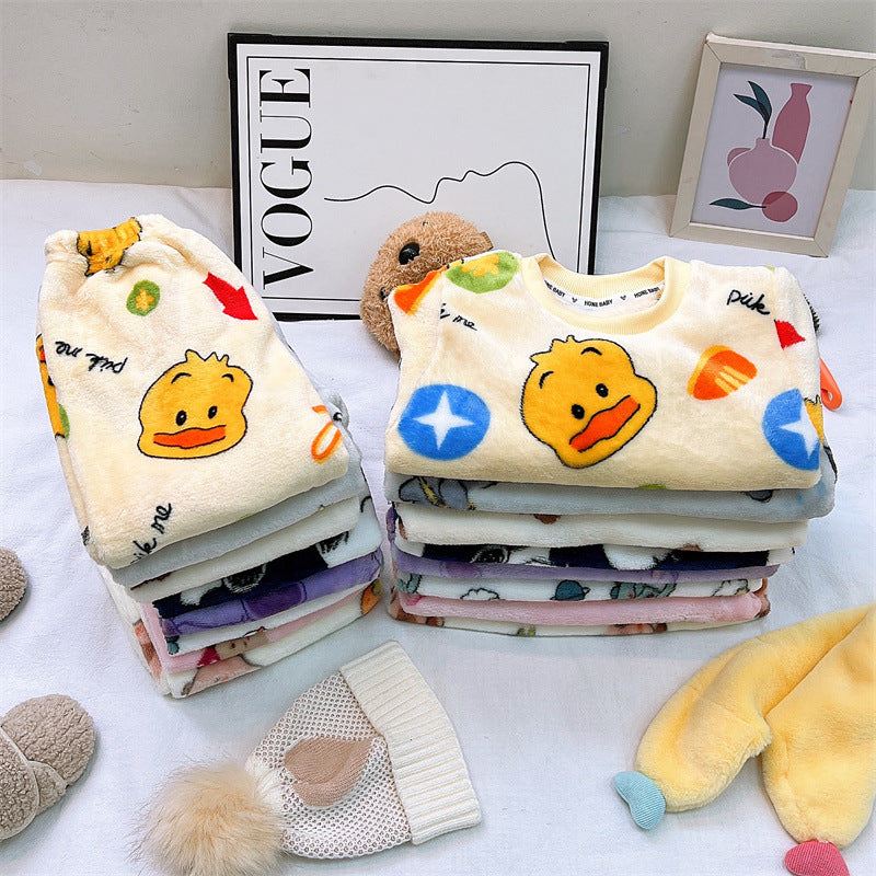 Men's and Women's Flannel Pajamas suit Autumn and Winter Middle and Big Children's Warm fleece-lined Thickened Autumn Clothes and Pants Home Clothes