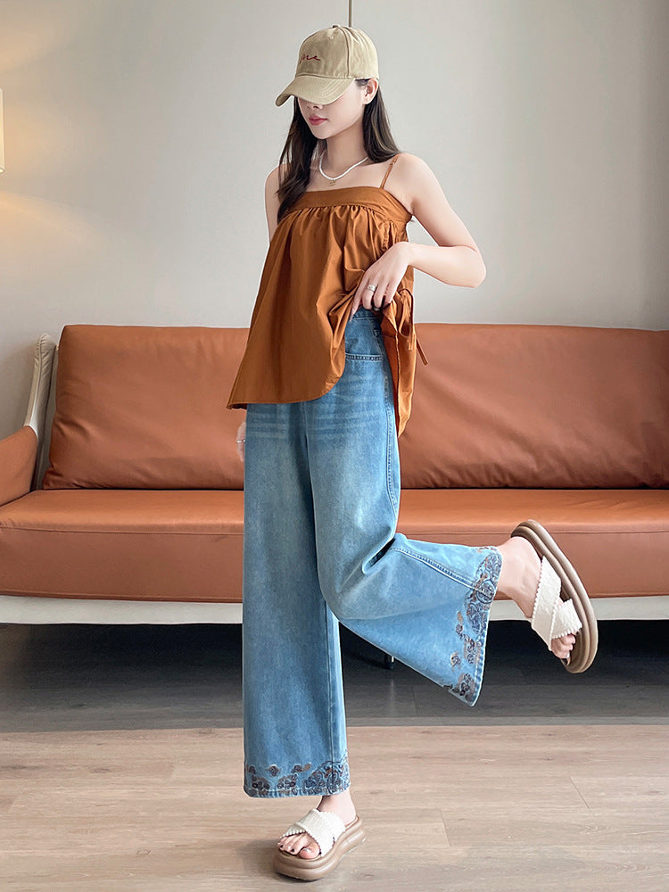 Vintage Embroidered Lace Wide-Leg Jeans for Women 2026 Autumn New Trendy Petite Loose Chinese Style Granny Pants