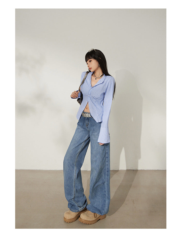 Retro Washed Wide-Leg Jeans for Women, Autumn New Low-Waist Straight Loose Design, Slimming Floor-Length Pants