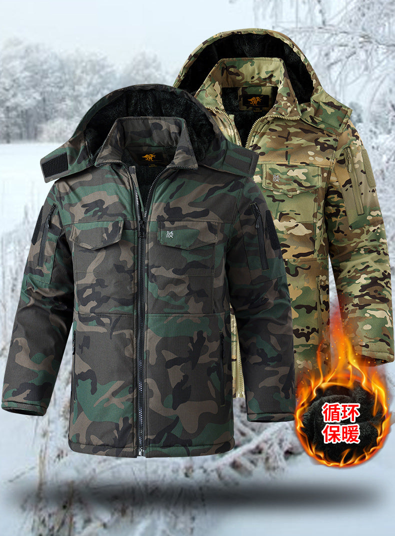 Winter Mid-Length Cotton Work Clothes for Men, Velvet Thickeneded Cotton Jackets, Cold-Proof, Windproof and Warm Camouflage Work Clothes, Military Coats