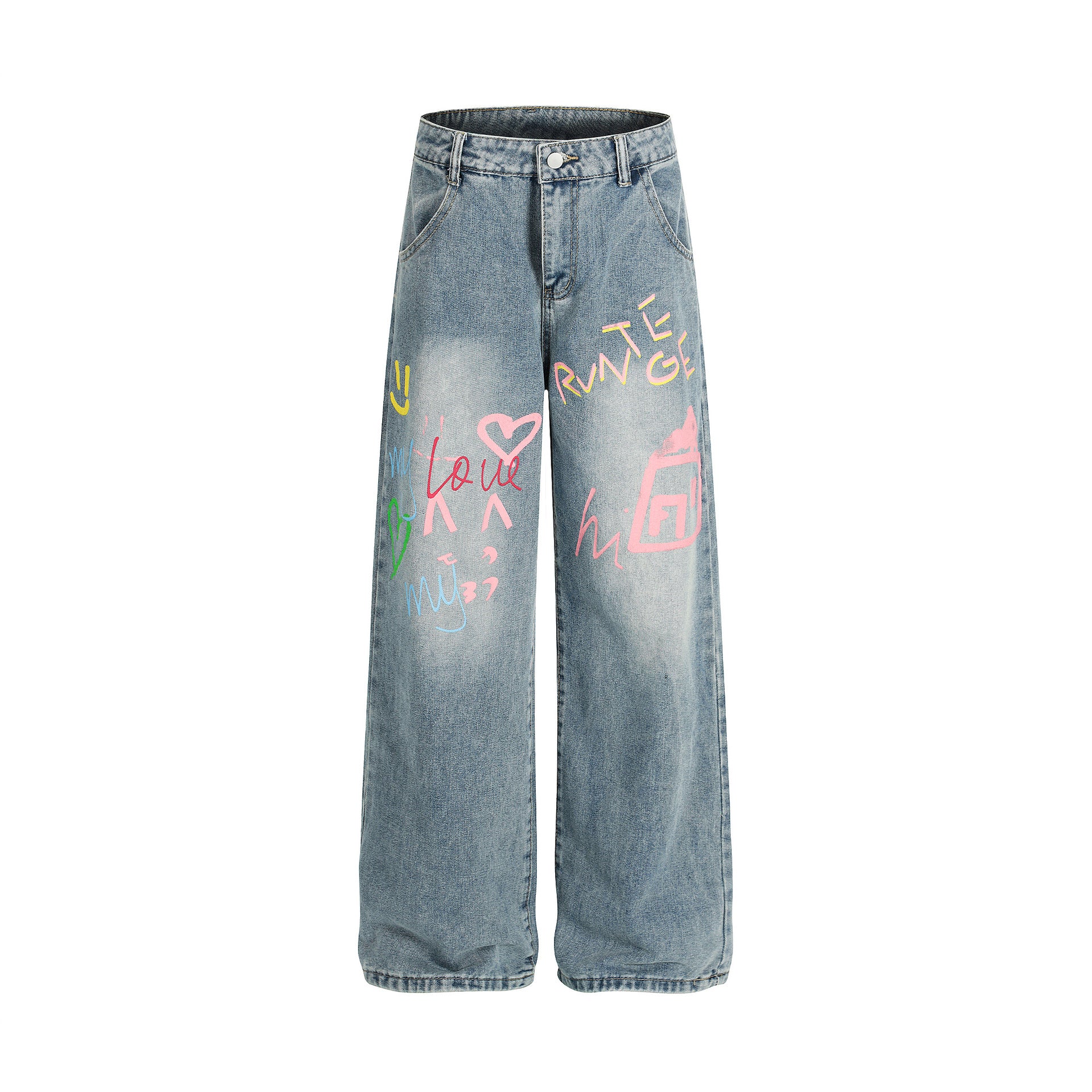 American Retro Niche Graffiti Washed Jeans for Women 2025 New Loose Straight High-Waisted Street Casual Pants