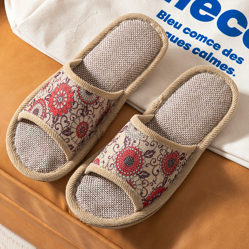 Open Toe Opening Four Seasons Linen Wheel Retro Flower Flower Four Seasons Linen Slippers
