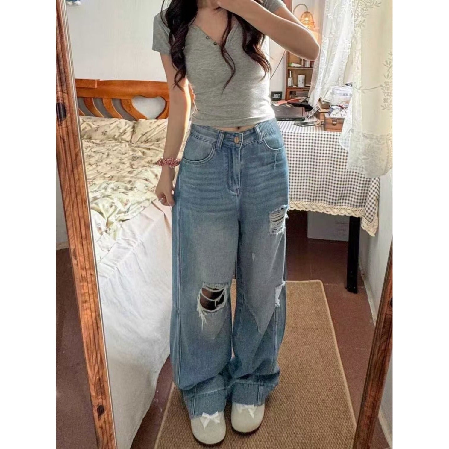 American Style Ripped Jeans for Women, Autumn New Plus-Size High-Waisted Pear-Shaped Figure Slimming Loose Wide-Leg Pants