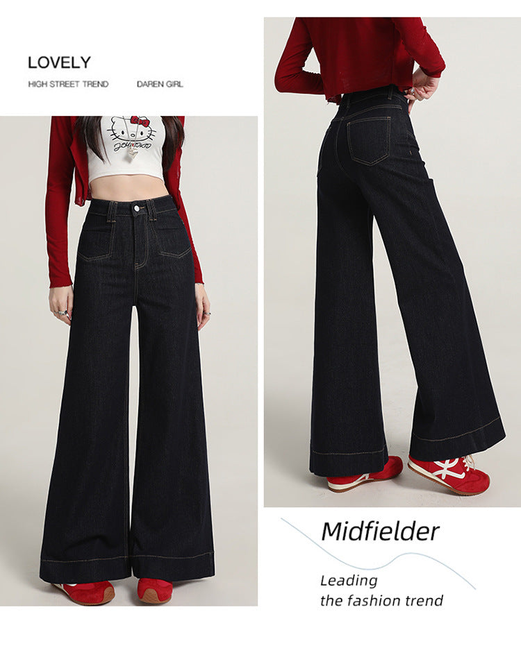 Retro American Style Denim Blue Flared Jeans for Women 2025 Autumn New Slimming Versatile Bootcut Pants