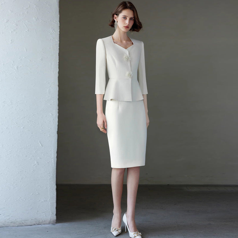 Ad Spring/Summer 2026 New Women's Suit Set, Elegant White Three-Quarter Sleeve Business Attire, Chanel-Style Two-Piece Set