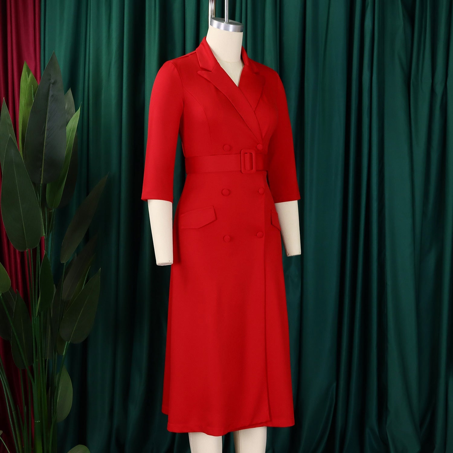 Women Notched Neck Elegant Full Sleeve Midi Dress Work Belt Streetwear Africa Party Club Dresses