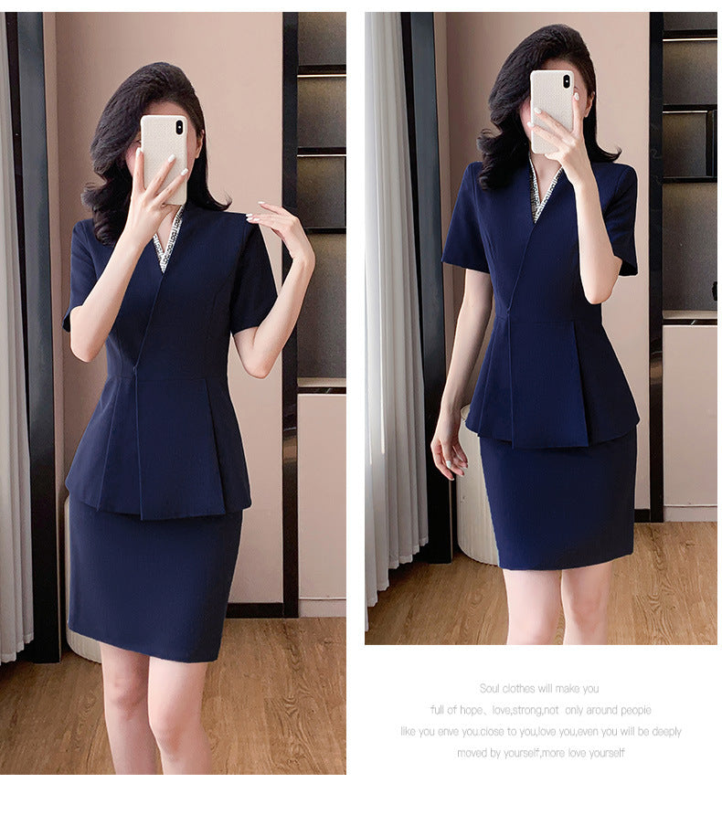 Blue Suit Jacket Women's Spring and Summer Short-sleeved Jewelry Store Front Desk Business Dress Dress Waist Tight Beauty Salon Suit suit
