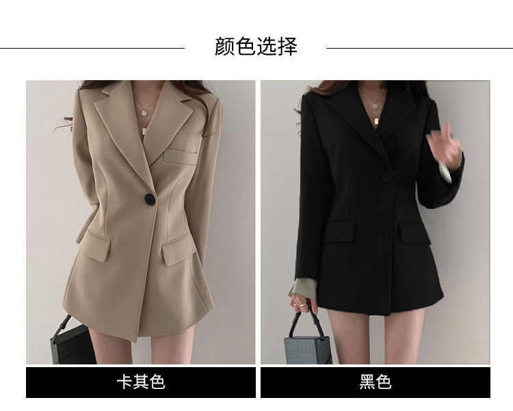 khaki Suit Jacket Women's Spring and Autumn Korean-style Ins Hong Kong-style Retro Top Tight Waist Slimming Mid-length Small Suit