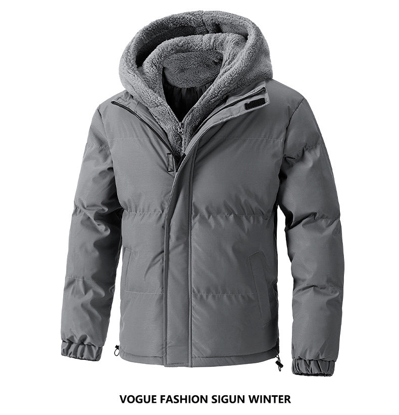 2025 Winter New Cross-Border Men's Cotton Jacket, Faux Two-Piece Solid Color Design with Fleece Lining and Thickened Polar Fleece Cotton Coat
