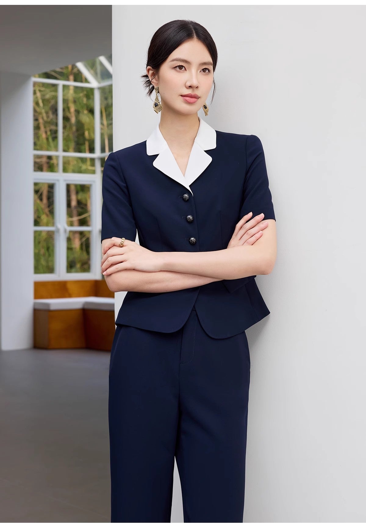 Summer New Navy Blue Short-Sleeved Professional Suit Suit Color-Blocked Suit Collar Single-Breasted Slim Slim Work Clothes