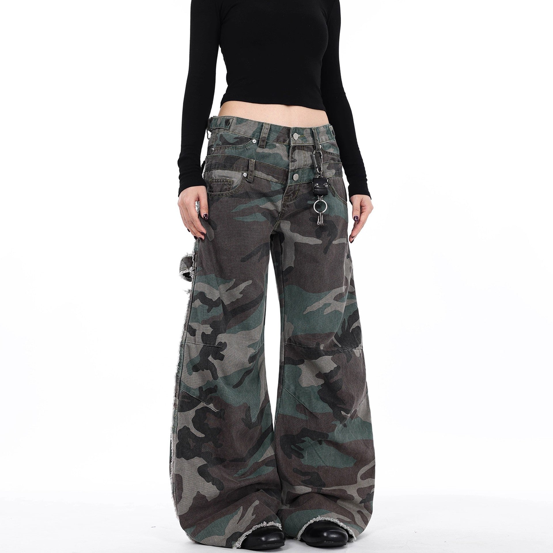 American Retro Design Double Waistband Camouflage Cargo Pants for Men and Women New Deconstructed Loose Wide-Leg Scimitar Jeans