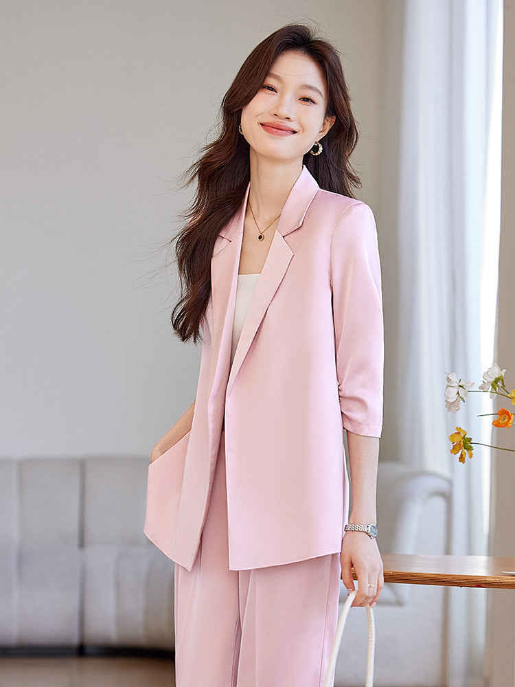 New Chinese-Style Women's Summer Thin Suit for Petite Figures, High-End Professional Attire, Acetate-Like Blazer