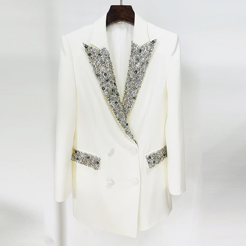 In Stock 2026 European and American Trendy Fashion New Style Handmade Luxurious Heavy Beading and Rhinestone Embellished Slim Fit Mid-Length Blazer