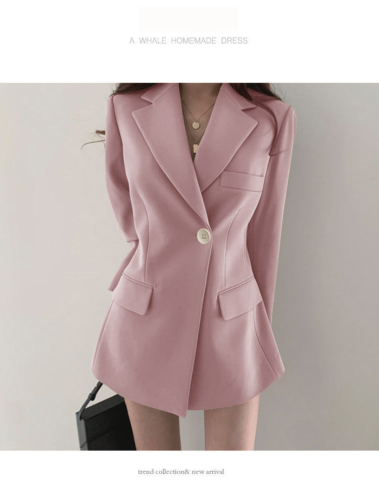 khaki Suit Jacket Women's Spring and Autumn Korean-style Ins Hong Kong-style Retro Top Tight Waist Slimming Mid-length Small Suit