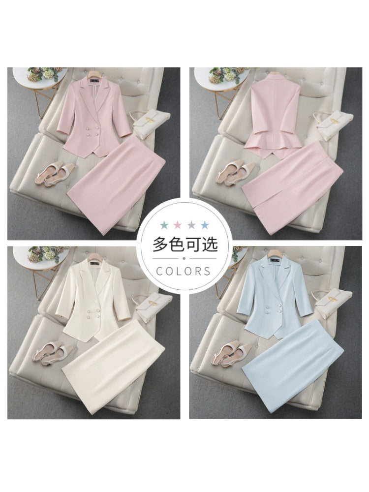 Cross-Border Professional Attire Pink Three-Quarter Sleeve Suit Skirt Women's Spring and Summer New Beauty Salon Work Clothes Over-The-Knee Skirt