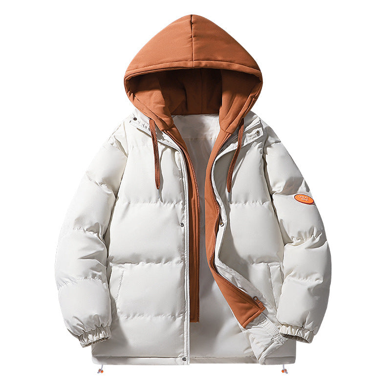 Autumn and Winter New Style Fake Two-Piece Cotton Jacket for Men, High-Quality Puffer Jacket, Couple's Style, Thickened and Warm Hooded Cotton Coat