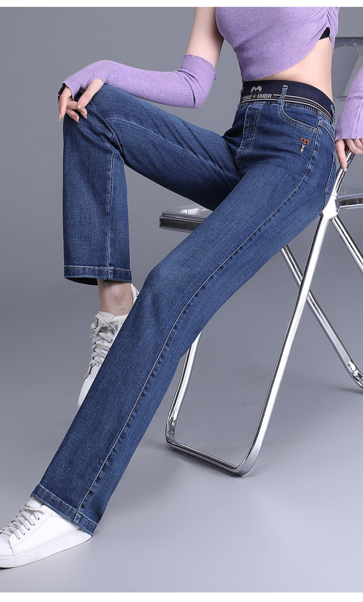 2025 Autumn and Winter New Loose Small Straight Jeans Women's High Waist Elastic Large Size Women's Elastic Waist Long Pants