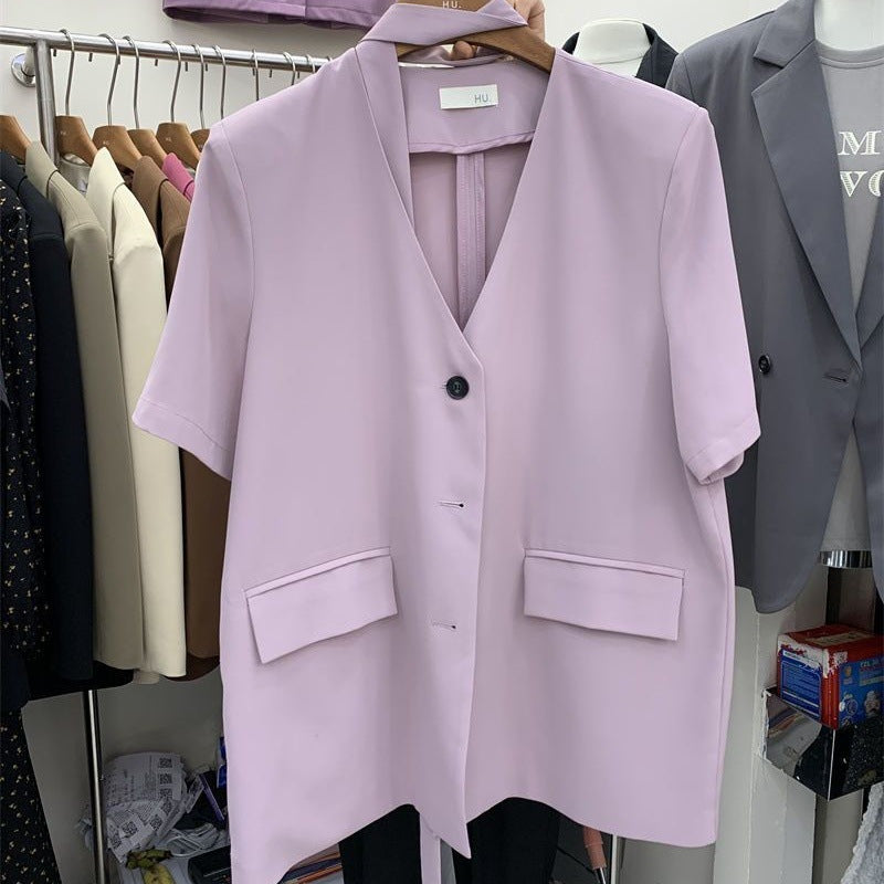 Korean Style Elegant Design V-Neck Short-Sleeve Blazer 2026 Summer Fashion New Thin Versatile Top for Women