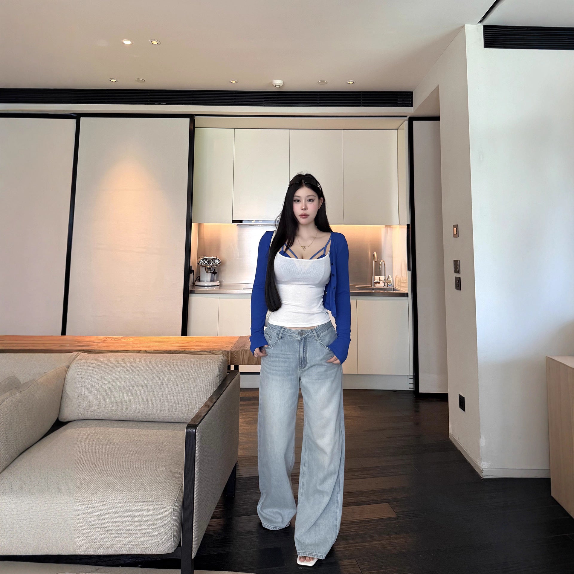 2025 Spring and Autum New Wide-Leg Ripped Jeans Women's Blue Loose Versatile Casual Straight Long Pants Trendy