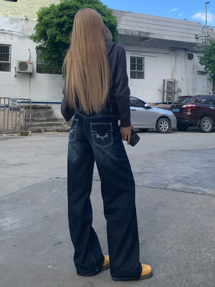 American-Style Embroidered Dark Blue Denim Wide-Leg Pants for Women, New Autumn and Winter Design, Lazy Versatile Casual Drape Straight-Leg Pants