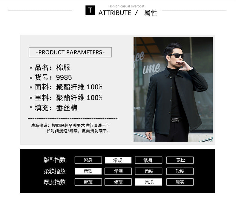 2024 Winter Coat Thickened Cotton-padded Jacket Men's High-grade Mulberry Silk Cotton-padded Jacket for Middle-aged and Elderly Dads Business Casual Jacket
