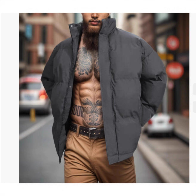 Aliexpress Foreign Trade 2025 Winter New Men's Solid Color Loose Thickened Cotton Jacket in Stock