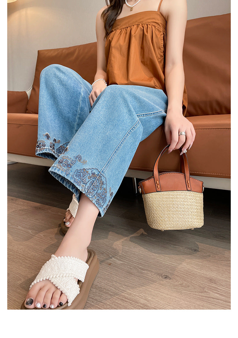 Vintage Embroidered Lace Wide-Leg Jeans for Women 2026 Autumn New Trendy Petite Loose Chinese Style Granny Pants