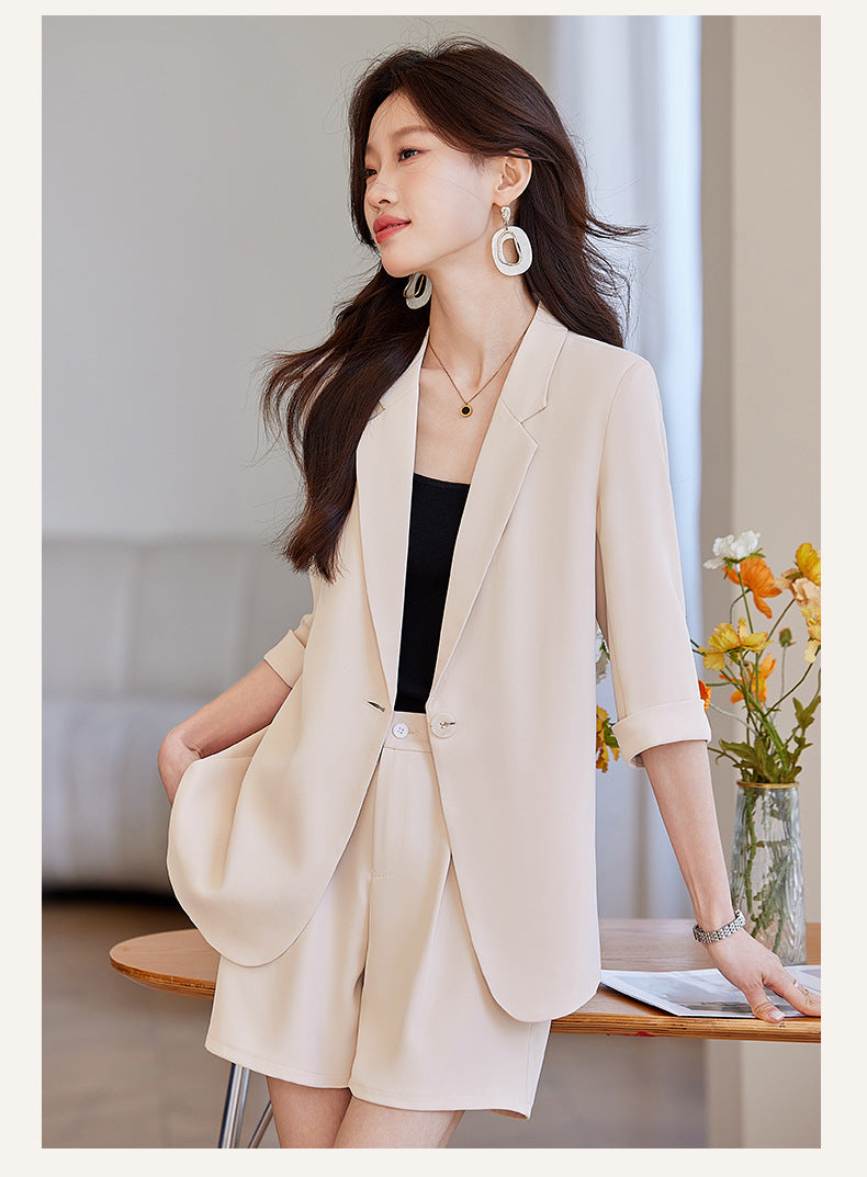 Blue Mid-Sleeve Chiffon Suit Jacket for Women 2025 New Summer Thin Style Fashionable High-End Shorts Suit