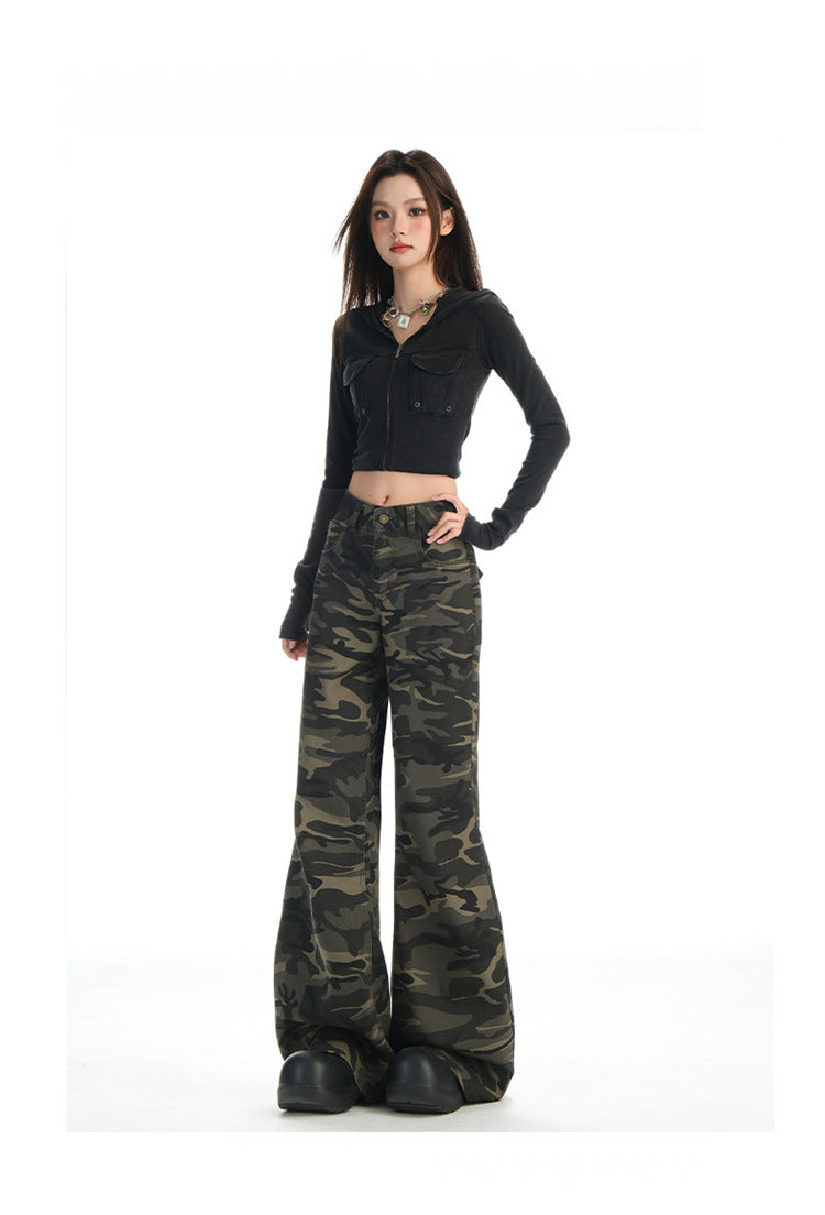 Autumn New Non-Elastic Slightly Spicy Cargo Pants American Retro Camouflage Flap Pocket Design Jeans for Women