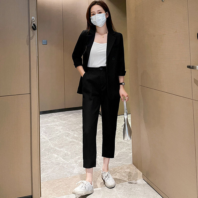 Cross-Border Plus Size Women's Clothing Plus Size Fashion Suit Women's Spring and Autumn Korean Style Temperament Back Slit Cropped Pants Two-Piece Set