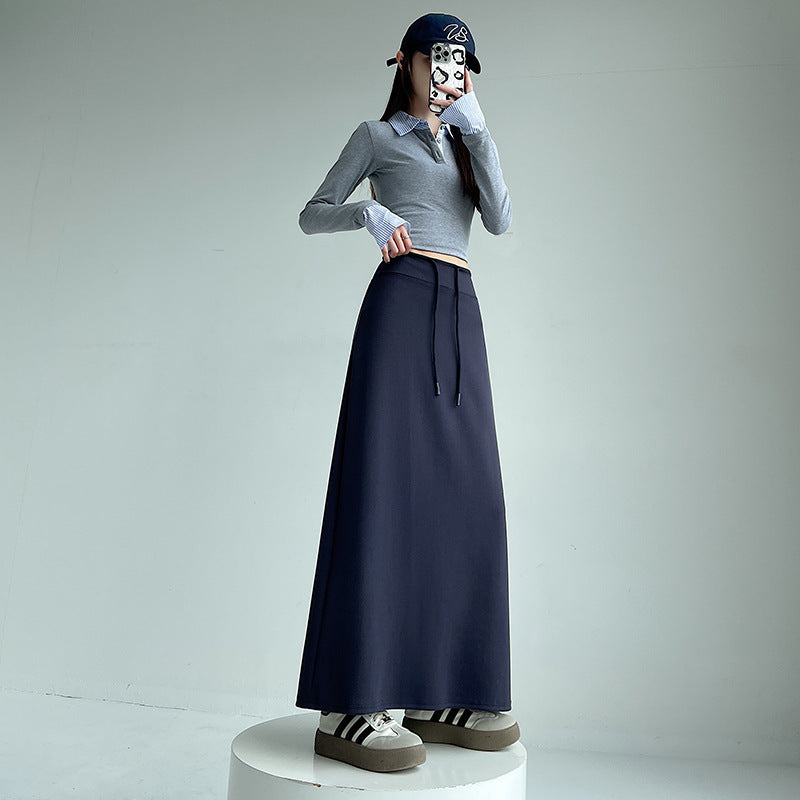Gray Sports Skirt for Women Spring & Fall New High-Waisted Straight Slit A-Line Skirt Draped Skirt Long Skirt