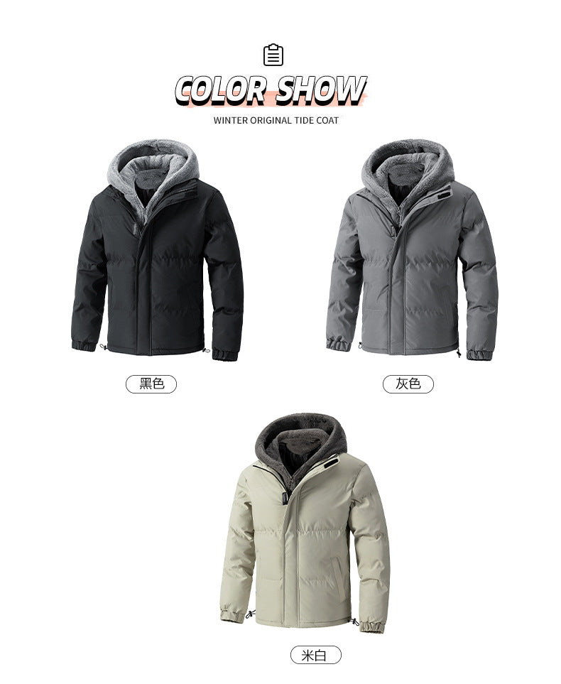 2025 Winter New Cross-Border Men's Cotton Jacket, Faux Two-Piece Solid Color Design with Fleece Lining and Thickened Polar Fleece Cotton Coat