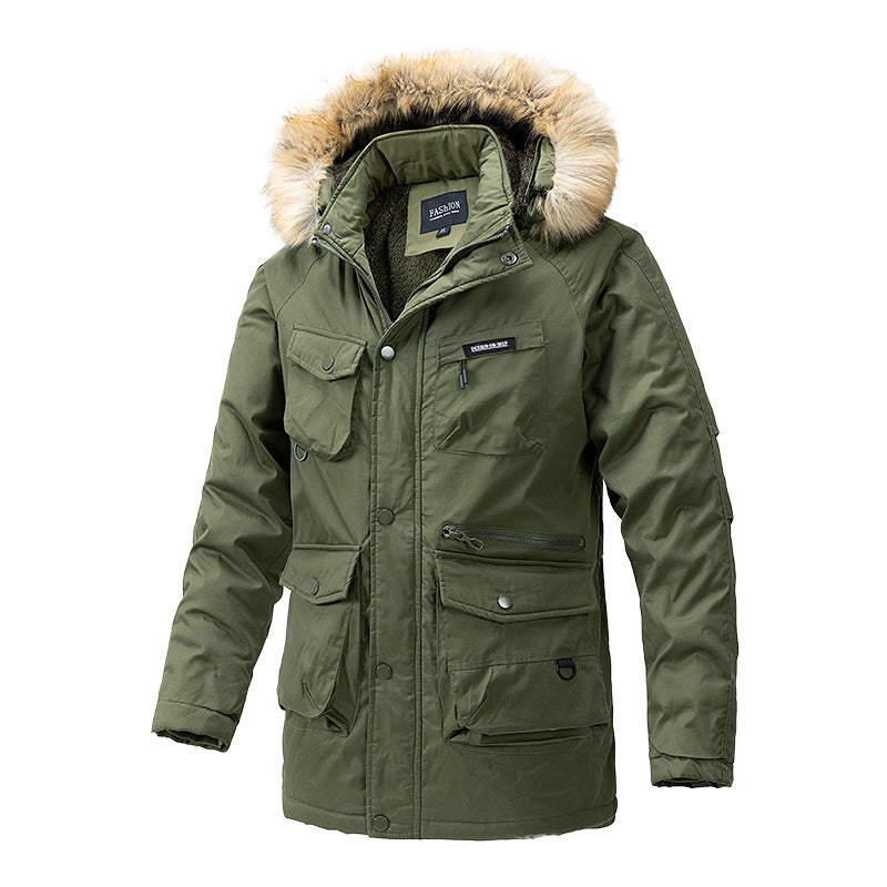 Autumn and winter new men's windbreaker Korean slim fit mid-length thick hooded coat plus size casual men's trendy