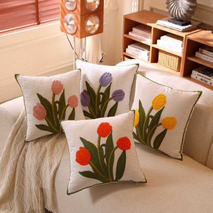 Nordic Towel Embroidered Embroidered Embroidered Pillow Living Room Cream Sofa Cushion Flower Model Room Bay Window Cushion Cover