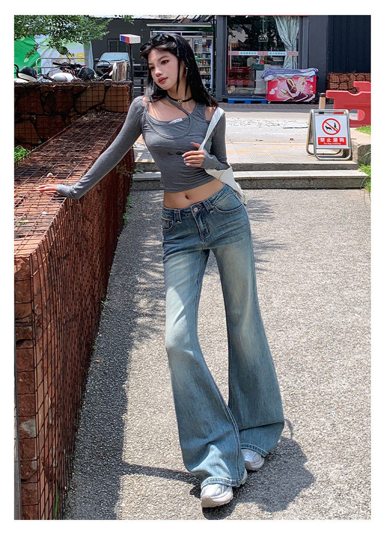 American Hot Girl Washed Retro Slim Jeans for Women Early Autumn New Versatile Fashionable and Comfortable Low-Waist Micro-Flared Pants