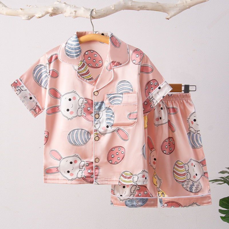 Children's Home Suit Summer Thin Boys and Girls Short-sleeved Cropped Pants Air-conditioning Suit 3-8 Children's Pajamas