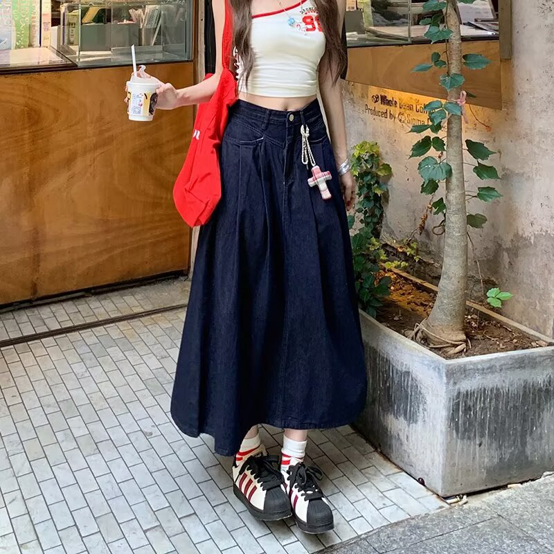 Retro Dark Denim Skirt for Women 2025 Spring and Autum New High-Waisted Loose Slimming Look Pleated A-Line Mid-Length Skirt