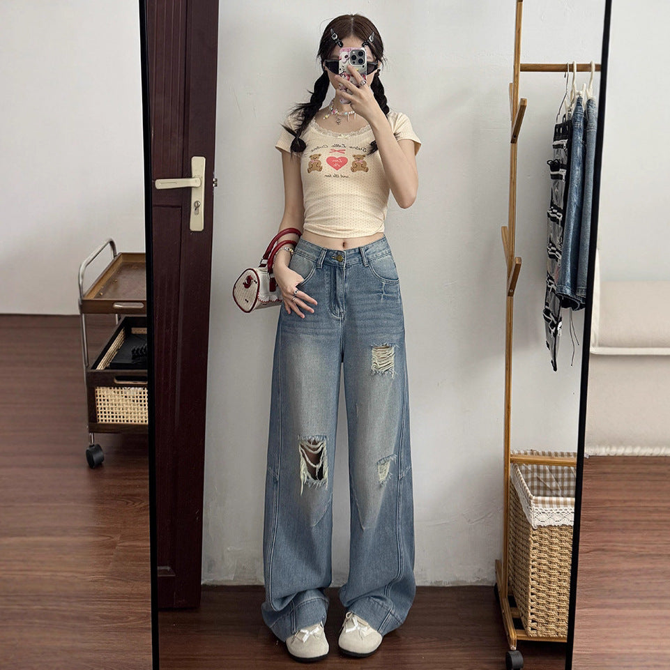 2025 Retro High-Waisted Ripped Jeans for Women in Spring and Autum New Pear-Shaped Figure Slimming Look Loose Wide-Leg Pants