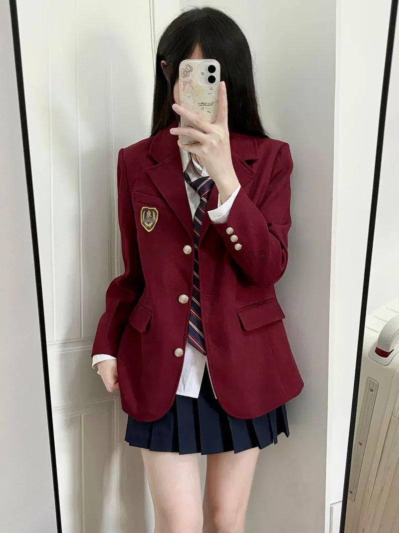 Women's Blazer 2026 Spring and Autumn New Japanese Style School Uniform Badge Burgundy Small Blazer Jacket for Women