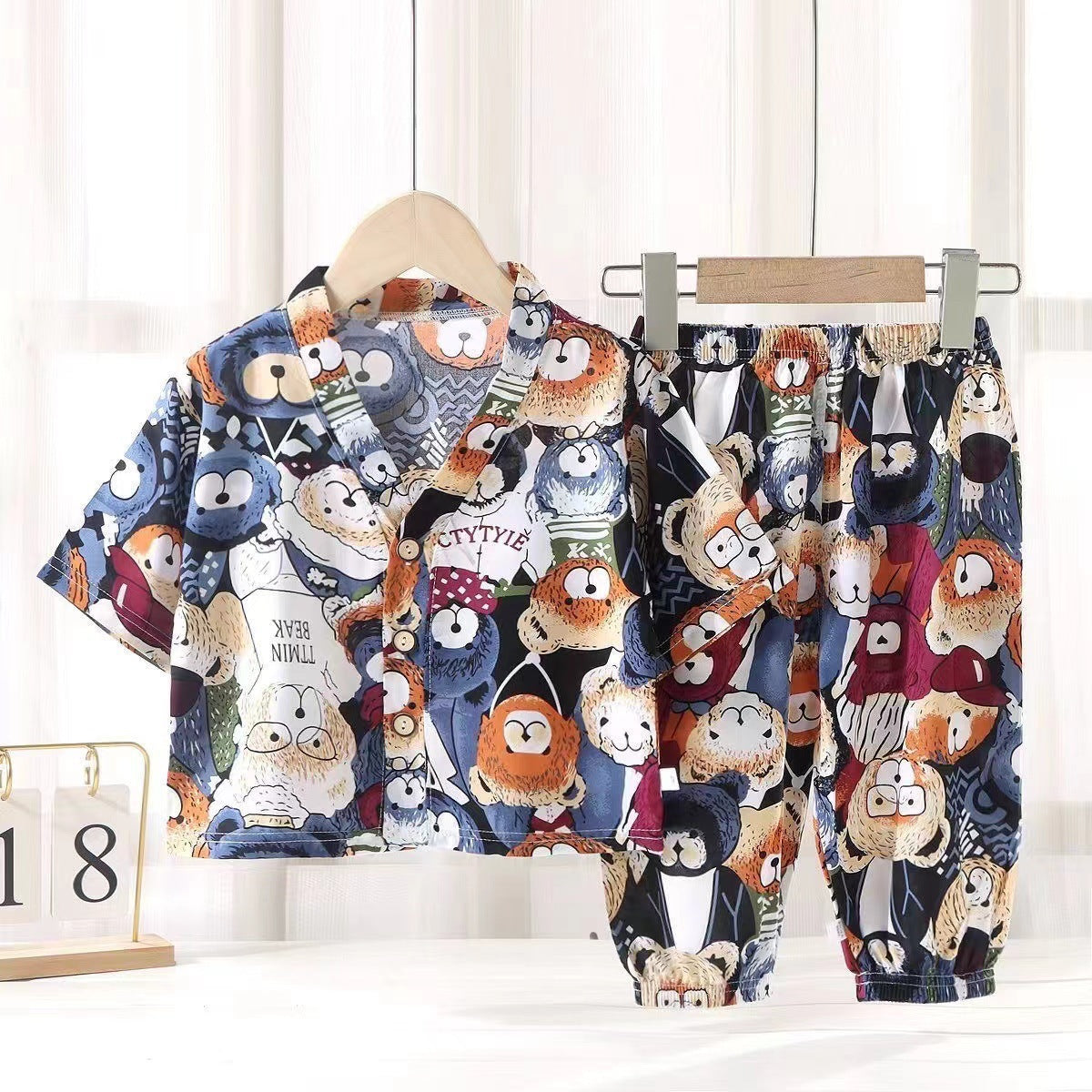 Children's Home Clothes Cotton Silk Suit Summer Boys and Girls Pajamas Artificial Cotton Two-Piece Set Cotton Silk Air-Conditioned Clothes Kidsren's Clothing