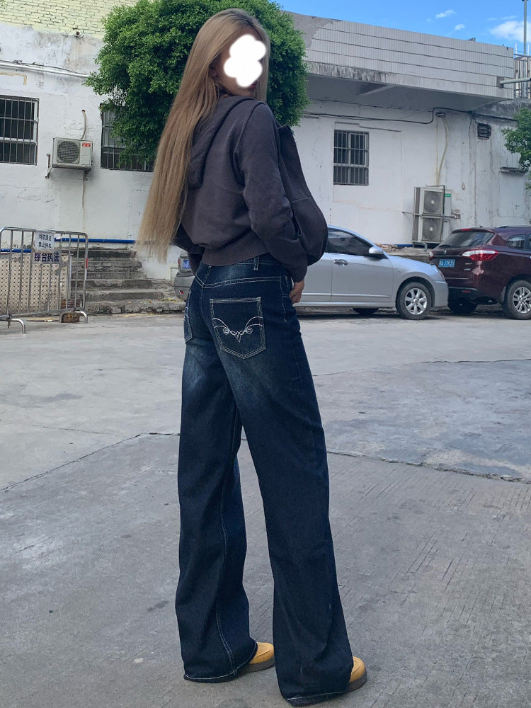 American-Style Embroidered Dark Blue Denim Wide-Leg Pants for Women, New Autumn and Winter Design, Lazy Versatile Casual Drape Straight-Leg Pants