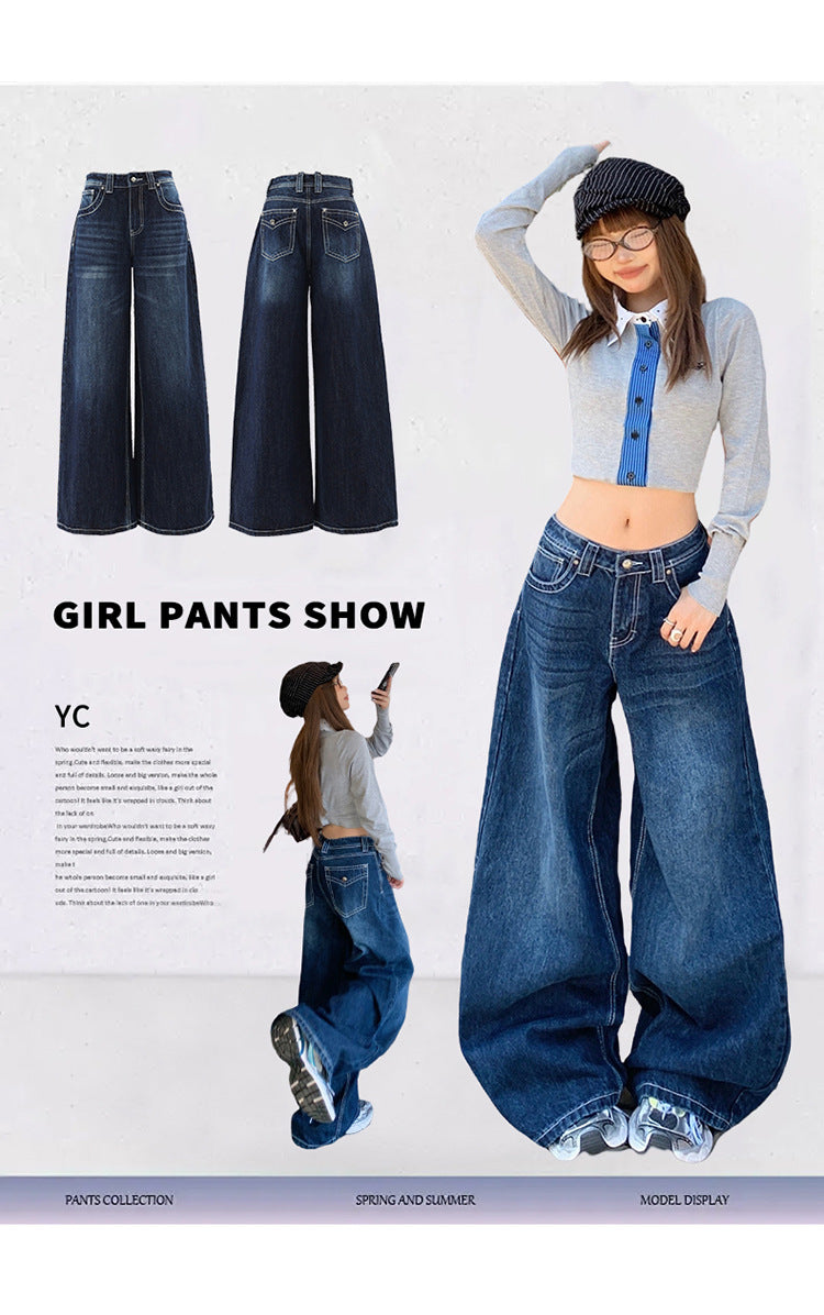 American-Style Dark Blue Wide-Leg Jeans for Women, 2025 Autumn New Straight High-Waisted Loose Slimming Lazy Floor-Length Pants