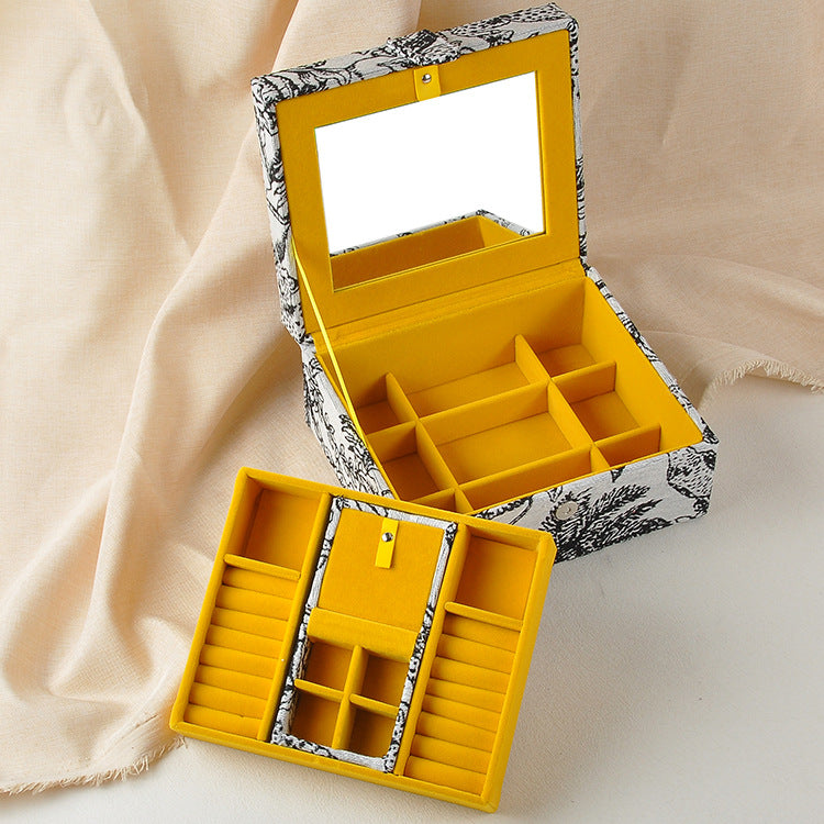 Double-Layer Portable Jewelry Box Jacquard French Retro Jewelry Box Necklace Watch Birthday Gift Jewelry Storage Box