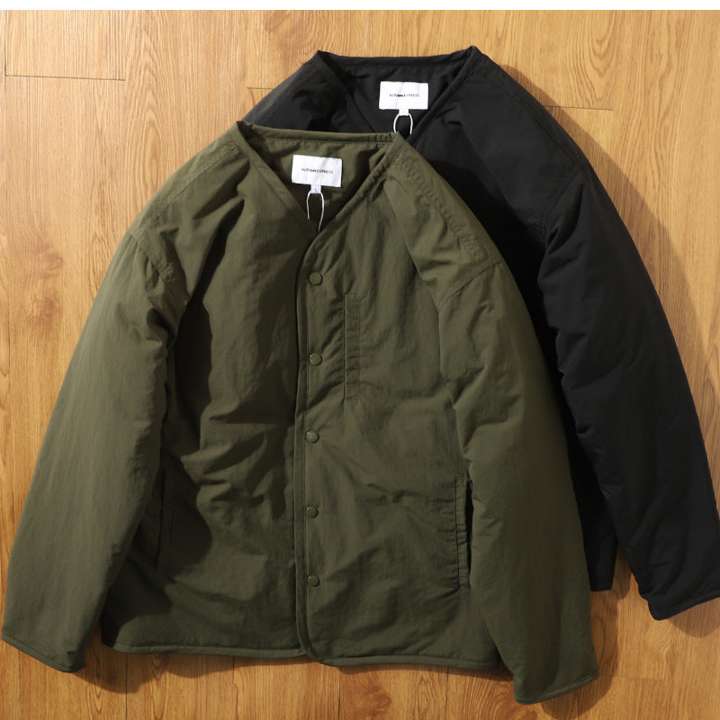 Japanese Retro Collarless Quilted Jacket Men's Windproof Workwear Layered V-Neck Snap Cotton Coat Men