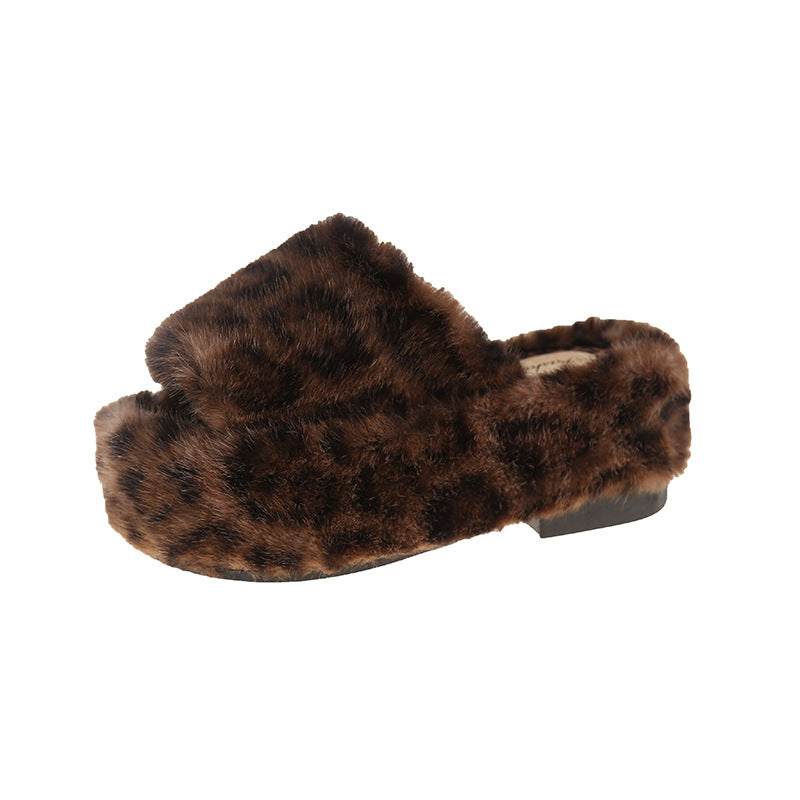Leopard Print Thick-Soled Height-Increasing Furry Slippers for Women's Outer Wear 2025 New Autumn and Winter Fashion Home Furry Cotton Slippers