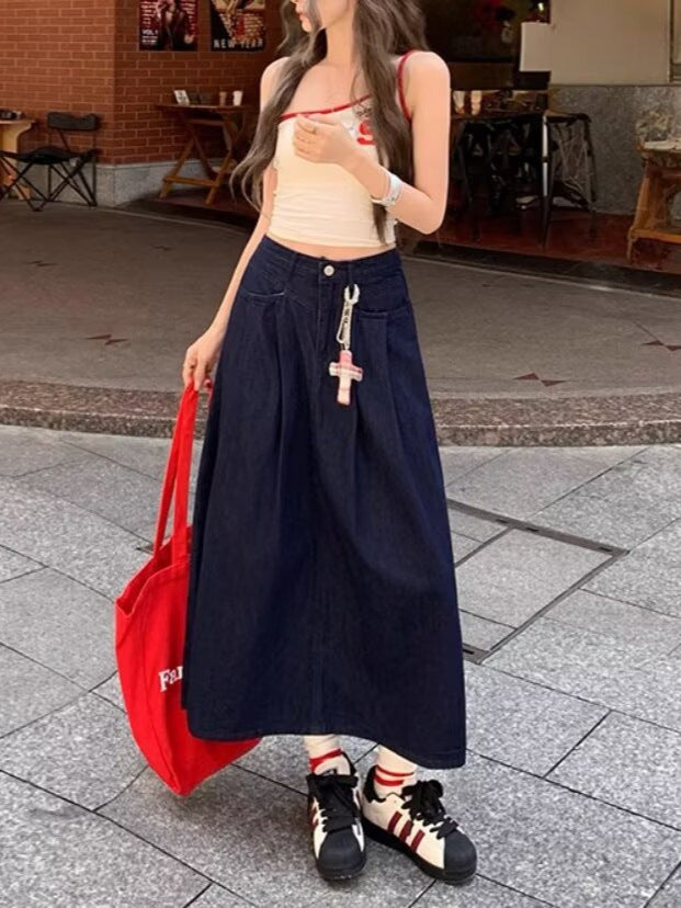 Retro Dark Denim Skirt for Women 2025 Spring and Autum New High-Waisted Loose Slimming Look Pleated A-Line Mid-Length Skirt