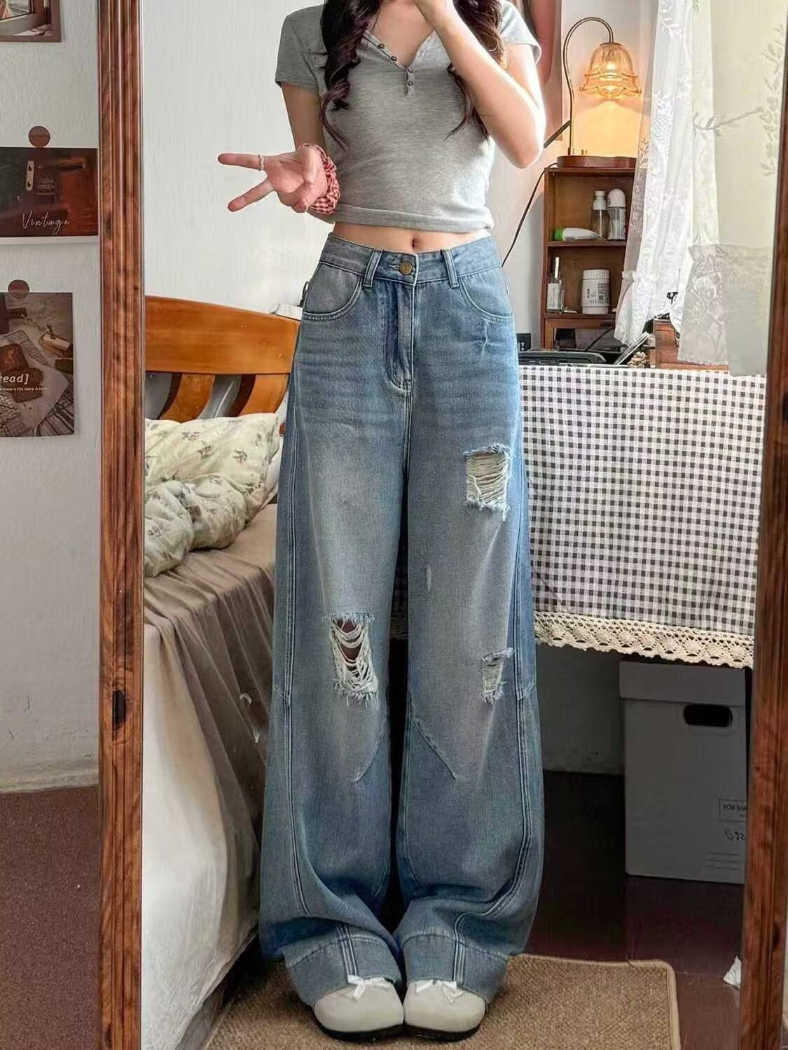 American Style Ripped Jeans for Women, Autumn New Plus-Size High-Waisted Pear-Shaped Figure Slimming Loose Wide-Leg Pants