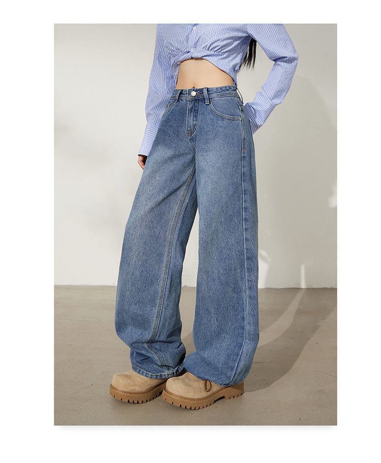 Retro Washed Wide-Leg Jeans for Women, Autumn New Low-Waist Straight Loose Design, Slimming Floor-Length Pants