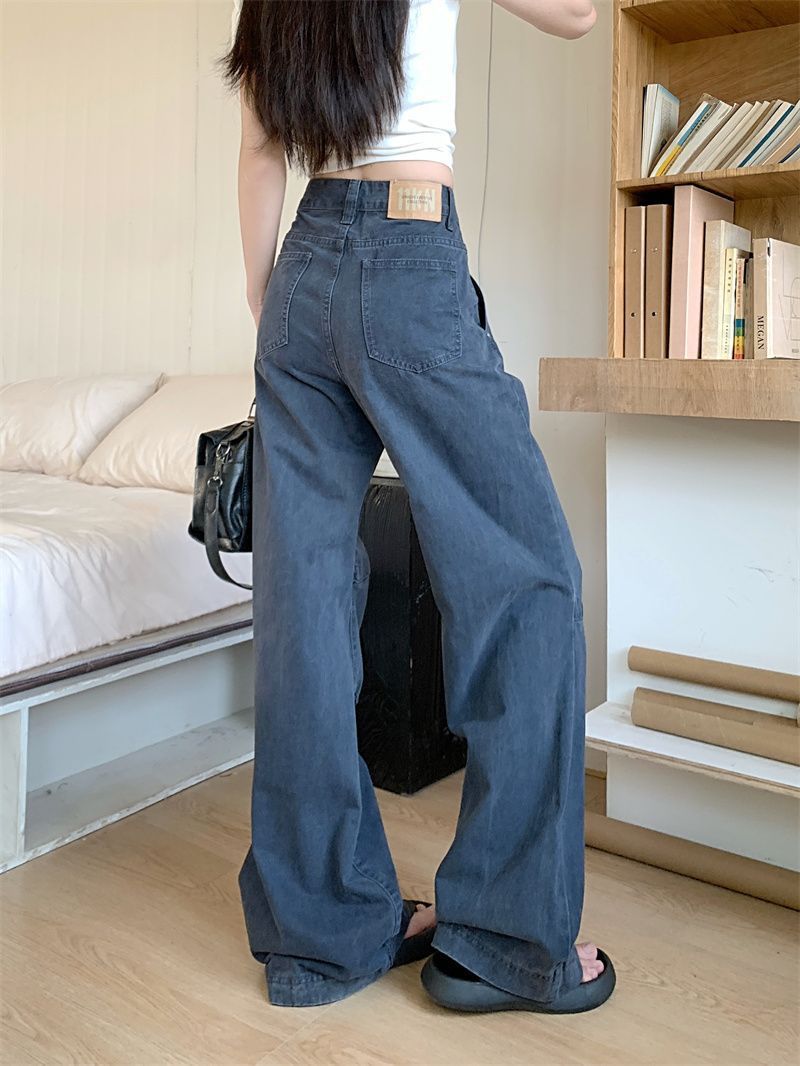 American Retro Design Workwear Jeans for Women New High Street Personalized Pleated Loose Straight Casual Pants