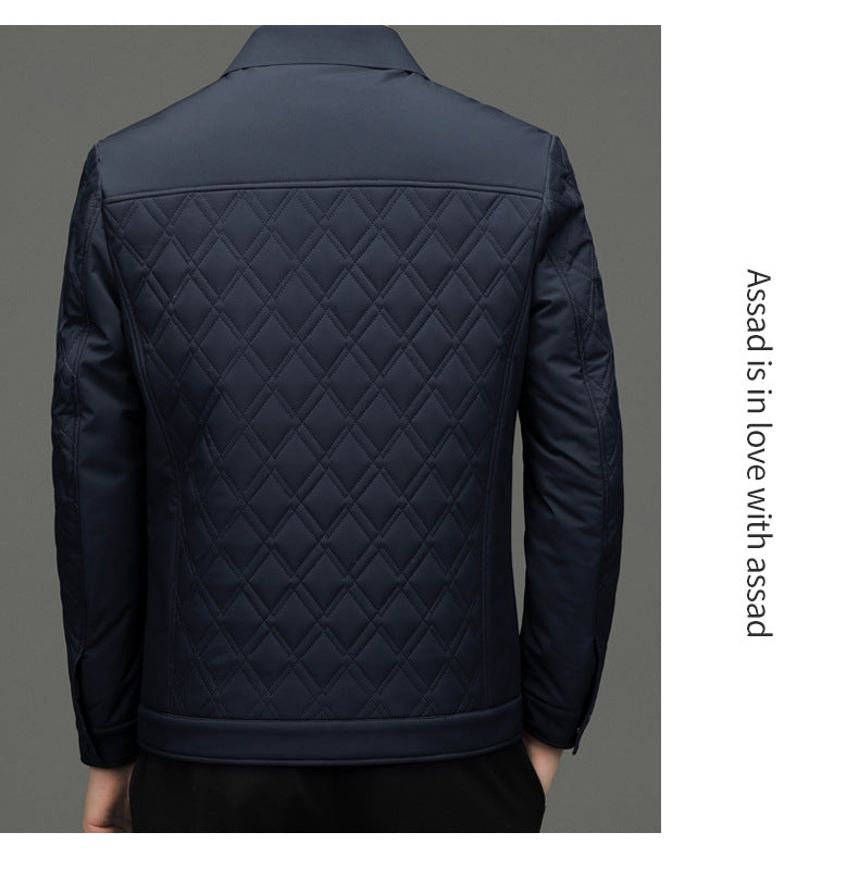 High-end men's mulberry silk cotton-padded coat business casual plaid middle-aged lightweight cotton-padded jacket autumn and winter men's lapel cotton-padded coat